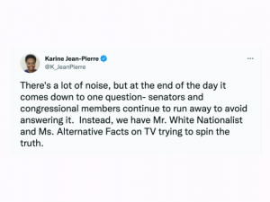 karine jean pierre thinks fox news has mr white nationalist and ms alternative facts hero